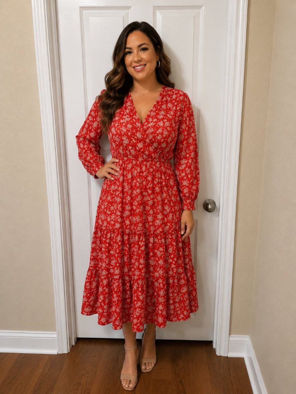 DEX Plus Size 1X Red Floral Boho Midi Dress Long Sleeve Cottagecore NWOT